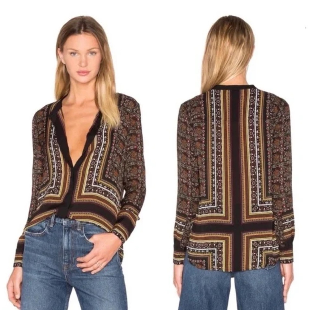 A.L.C. Black and Brown Printed Button-Down Blouse